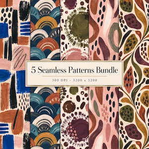 Peut inclure: Un lot numérique de cinq motifs sans couture présentant des coups de pinceau abstraits, des arches superposées, des cercles et des formes de feuilles organiques en bleu, terre cuite, vert olive et rose, avec le texte 5 Seamless Patterns Bundle 300 DPI - 3200 x 3200.
