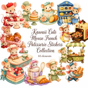 Op de afbeelding: Een collectie van 44 stickers met geïllustreerde muizen in een bakkerij. De tekst luidt Kawaii Cute Mouse French Patisserie Stickers Collection 44 elements. De muizen zijn afgebeeld terwijl ze bakken en gebak serveren.