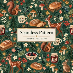May include: A seamless pattern on a dark green background featuring illustrations of squirrels, deer, rabbits, mushrooms, loaves of bread, berry bowls, and jars of jam. A central white rectangular label displays the text Seamless Pattern 300 DPI - 3200 x 3200.