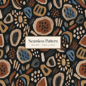 Op de afbeelding: Een naadloos patroon met handgeschilderde abstracte vormen in tinten terracotta, beige, blauw en zwart. Het ontwerp bevat cirkels, stippen en streepjes op een donkere achtergrond. Een centraal label bevat de tekst Seamless Pattern 300 DPI - 3200 x 3200.