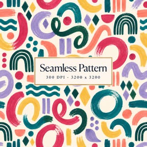 Puede incluir: Un patrón sin costuras con formas de pinceladas pintadas a mano en tonos rosa, verde azulado, amarillo y morado sobre un fondo crema. Un marco rectangular central contiene el texto Seamless Pattern 300 DPI - 3200 x 3200 en negro.