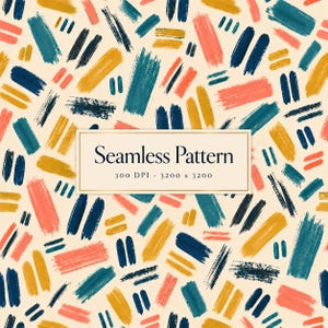 Op de afbeelding: Een naadloos patroon met verspreide, handgeschilderde penseelstreken in marineblauw, teal, mosterdgeel en koraal op een crèmekleurige achtergrond. Een centraal rechthoekig label toont de tekst Seamless Pattern 300 DPI - 3200 x 3200.