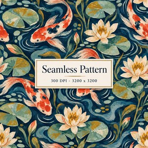 May include: A seamless pattern featuring orange, white, and black koi fish swimming among white water lilies and green lily pads on a dark blue water background. A central rectangular label displays the text Seamless Pattern 300 DPI 3200 x 3200.