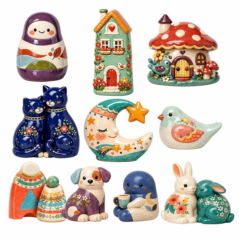 May include: A collection of eleven ceramic figurines featuring a purple nesting doll, a tall green house, a red mushroom cottage, two blue cats, a crescent moon with a star, a bird, two abstract shapes, a puppy, a blue creature, and two rabbits.