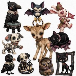 May include: A collection of plush-style animal figures including a black crow on a stool, a bat, a rabbit with a flag, a skeleton dog, a fawn, a sleeping black cat, a small crow, a skeleton puppy with a lantern, an owl, and a black cat in a frame.