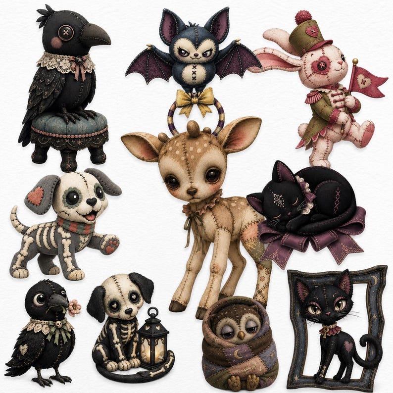 May include: A collection of plush-style animal figures including a black crow on a stool, a bat, a rabbit with a flag, a skeleton dog, a fawn, a sleeping black cat, a small crow, a skeleton puppy with a lantern, an owl, and a black cat in a frame.