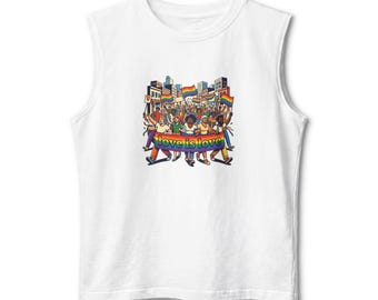 Pride Parade Crowd Muscle Tank | Rainbow Flags, Love Wins Artwork