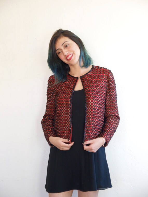 Beaded Jacket Red & Black Vintage Cropped Sequin 8