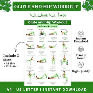 Glutes and Hips Workout | Printable Exercise Chart | No Jump Home Fitness Routine | Lower Body Workout Poster for Women