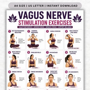 Op de afbeelding: Een wit informatieposter getiteld Vagus Nerve Stimulation Exercises met twaalf genummerde illustraties van een persoon in een paarse top die verschillende fysieke technieken demonstreert, zoals diepe ademhaling en nekstrekoefeningen.