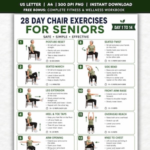 May include: A 28-day chair exercise guide for seniors featuring numbered illustrations of seated movements. The document includes instructions for posture reset, seated march, leg extension, heel and toe taps, arm opening, seated twist, side bend, and arm raises.