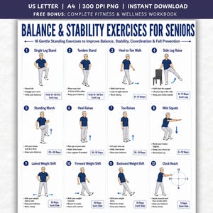 May include: A digital instructional chart titled Balance & Stability Exercises for Seniors, featuring 12 numbered illustrations of a person in a blue shirt and gray pants performing movements like single leg stands, squats, and heel raises with text.