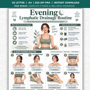 Può includere: Una scheda informativa intitolata Evening Lymphatic Drainage Routine nei toni del verde salvia. Include istruzioni, icone e illustrazioni di movimenti per il drenaggio linfatico di collo, clavicola, torace, addome, vita e gambe.