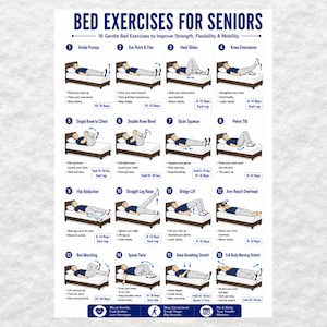 Ejercicios en la cama para personas mayores (PDF imprimible): 16 movimientos suaves para levantarse por la mañana, tabla de ejercicios para personas mayores, fitness para la tercera edad, descarga instantánea.