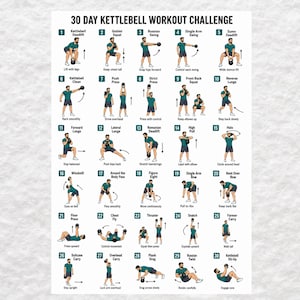 30 Day Kettlebell Workout Challenge, Full Body Exercise Routine Legs, Arms, Core, Home Fitness Planner, Strength & Conditioning Training PDF