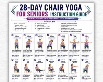 28-Tage-Stuhl-Yoga für Senioren zur Gewichtsreduktion | Sanftes Sitztraining-Poster für Balance & Flexibilität | Druckbare Trainingswand für Senioren
