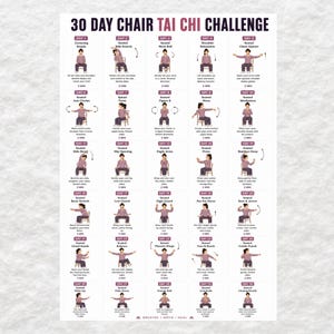 Reto de Tai Chi en Silla de 30 Días para Mujeres (Imprimible), Rutina de Tai Chi Sentada en PDF, Programa Diario de Ejercicios en Silla para Mujeres