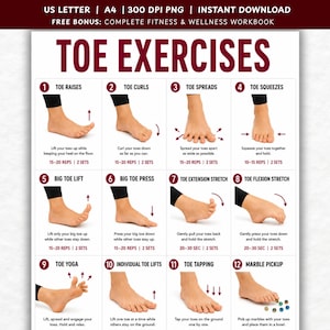 Puede incluir: Una tabla digital titulada TOE EXERCISES que presenta doce ilustraciones numeradas de pies demostrando movimientos específicos como elevaciones, flexiones, extensiones, estiramientos, yoga, toques y recogida de canicas con instrucciones.
