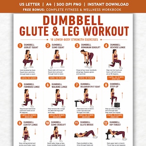 Op de afbeelding: Een digitale trainingskaart getiteld DUMBBELL GLUTE & LEG WORKOUT met 12 genummerde illustraties van een persoon die krachtoefeningen voor het onderlichaam uitvoert met dumbbells, inclusief squats, lunges, deadlifts en hip thrusts met tekst.