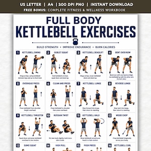 May include: A digital fitness chart titled Full Body Kettlebell Exercises featuring sixteen numbered illustrations of a person performing various kettlebell movements, including swings, squats, deadlifts, rows, presses, lunges, twists, and wood chops.