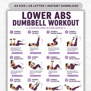 Puede incluir: Una tabla de ejercicios titulada LOWER ABS DUMBBELL WORKOUT con 12 ilustraciones numeradas de ejercicios con mancuernas. El póster incluye el texto A4 SIZE, US LETTER e INSTANT DOWNLOAD, detallando movimientos para el abdomen y el core.