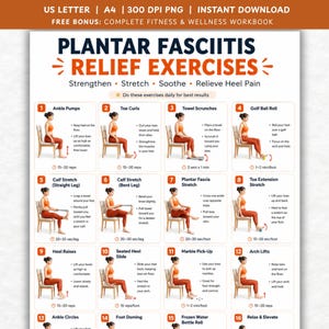 May include: A digital instructional chart titled Plantar Fasciitis Relief Exercises featuring sixteen numbered illustrations of a person performing various foot and ankle stretches while seated on a chair, including text descriptions for each exercise.
