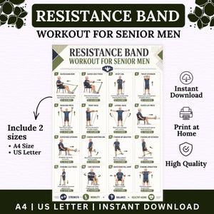 Può includere: Una tabella di allenamento intitolata Resistance Band Workout for Senior Men, che mostra sedici esercizi illustrati con istruzioni e ripetizioni. Il poster include testo per il download istantaneo, formati A4 e US Letter.