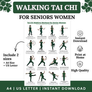 Tai Chi Walking Workout Chart for Seniors, Mindful Movement PDF (Digital Download)