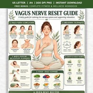 Puede incluir: Una infografía de Vagus Nerve Reset Guide con una ilustración central de una persona en posición de meditación sentada. El documento incluye secciones sobre estimulación nerviosa, técnicas de respiración, postura, alimentos y hábitos.