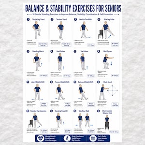 Balance Exercises for Seniors Printable PDF — 16 Gentle Stability Moves, Senior Workout Chart, Elderly Fitness, Instant Download