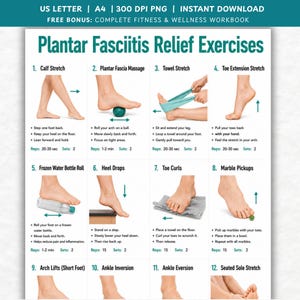 May include: A digital chart titled Plantar Fasciitis Relief Exercises featuring twelve numbered illustrations of feet performing various stretches and movements. The guide includes text instructions for each exercise, specifying repetitions and sets for physical therapy routines.