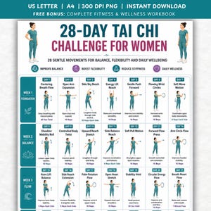28-dagars Tai Chi-utmaning för kvinnor, utskrivbar PDF, 4 veckors balans- och flexibilitetsprogram för alla nivåer, poster för skonsam daglig wellnessträning