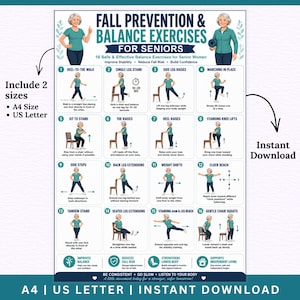 May include: A white instructional poster titled Fall Prevention & Balance Exercises for Seniors featuring 16 numbered illustrations of a person demonstrating balance movements. The chart includes text instructions for each exercise and bottom banners.
