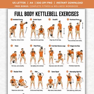 May include: A digital fitness chart titled Full Body Kettlebell Exercises featuring twelve numbered illustrations of a person demonstrating movements like kettlebell swings, goblet squats, deadlifts, and overhead presses with instructional text.