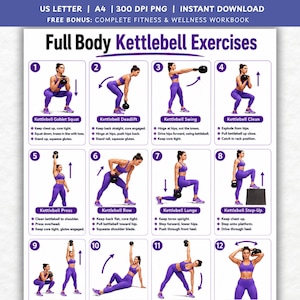 Op de afbeelding: Een digitale instructieposter getiteld Full Body Kettlebell Exercises met twaalf genummerde illustraties van een persoon in paarse sportkleding die verschillende kettlebell-oefeningen demonstreert met beschrijvende tekstinstructies voor elke oefening.