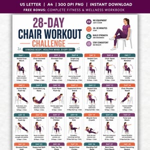Op de afbeelding: Een 28-daagse stoelworkout-uitdagingskaart met dagelijkse oefeninstructies en illustraties van een persoon die bewegingen op een stoel uitvoert. Het document bevat tekstkoppen, iconen voor uitrusting en tijd, en een aanbod voor een bonus fitnesswerkboek.