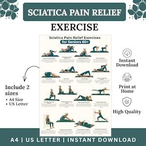 Op de afbeelding: Een turquoise en witte poster met de tekst "Sciatica Pain Relief Exercise" en oefeningen voor senioren. De poster bevat de tekst "Include 2 sizes" en "A4 Size, US Letter". Het toont ook "Instant Download", "Print at Home", en "High Quality".