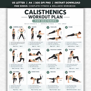 May include: A digital calisthenics workout plan for beginners featuring twelve numbered exercise illustrations including jumping jacks, squats, push-ups, planks, lunges, glute bridges, mountain climbers, tricep dips, high knees, donkey kicks, bird dog, and side planks.