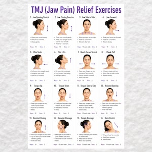 May include: A white informational poster titled TMJ (Jaw Pain) Relief Exercises featuring sixteen numbered illustrations of a person demonstrating specific jaw, mouth, and neck movements with accompanying text instructions, repetition counts, and set numbers.