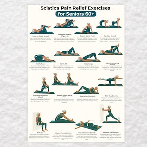 Ejercicios para aliviar el dolor de ciática en personas mayores: rutina de estiramientos para la zona lumbar (imprimible).