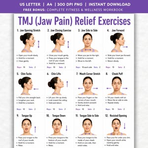 May include: A digital instructional chart titled TMJ (Jaw Pain) Relief Exercises featuring twelve numbered steps with illustrations of a person demonstrating jaw movements, including text instructions, repetition counts, and sets for each exercise.