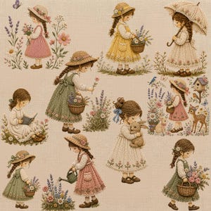 Pu&ograve; includere: Una stampa su tessuto con molteplici illustrazioni di bambini con vestiti e cappelli di paglia, impegnati in attivit&agrave; come giardinaggio, lettura e raccolta di fiori, circondati da lavanda, margherite, conigli e un cerbiatto su sfondo beige.
