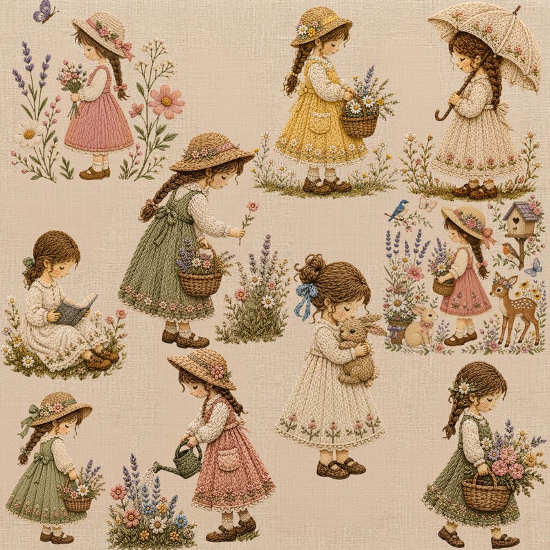 Pu&ograve; includere: Una stampa su tessuto con molteplici illustrazioni di bambini con vestiti e cappelli di paglia, impegnati in attivit&agrave; come giardinaggio, lettura e raccolta di fiori, circondati da lavanda, margherite, conigli e un cerbiatto su sfondo beige.