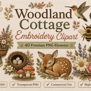 Pu&ograve; includere: Una collezione digitale di clipart in stile ricamo con una ragazza con un cesto di fiori, un colibr&igrave;, una farfalla, un'ape, una casetta per uccelli, un cerbiatto, funghi e un nido d'uccello. Il testo recita Woodland Cottage Embroidery Clipart.