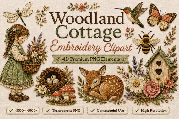 Vintage Embroidery Clipart Bundle, Woodland Cottagecore PNG, Floral Digital Art, Junk Journal Elements, Commercial Use Download