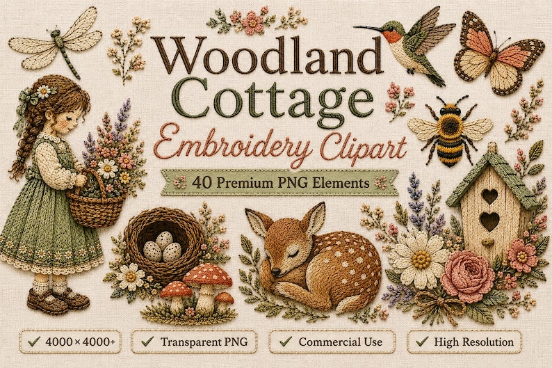 Pu&ograve; includere: Una collezione digitale di clipart in stile ricamo con una ragazza con un cesto di fiori, un colibr&igrave;, una farfalla, un'ape, una casetta per uccelli, un cerbiatto, funghi e un nido d'uccello. Il testo recita Woodland Cottage Embroidery Clipart.