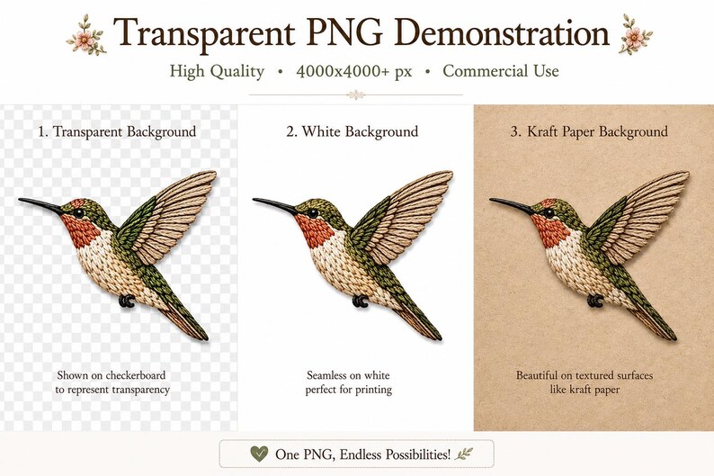 Pu&ograve; includere: Un'illustrazione digitale di un colibr&igrave; con piume verdi, marroni e arancioni, mostrata in tre varianti: su uno sfondo a scacchiera trasparente, uno sfondo bianco solido e uno sfondo in carta kraft marrone chiaro testurizzata.