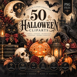 May include: A digital collection of 50 Halloween clipart PNG files featuring a black cat with a red bow, a carved pumpkin, a skull, a raven, a crescent moon face, and a lantern. The text reads 50 HALLOWEEN CLIPARTS, PREMIUM CLIPART COLLECTION.