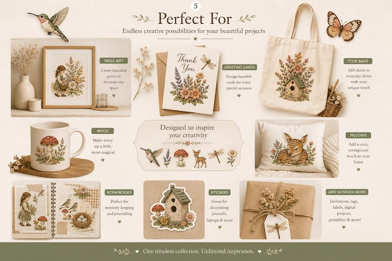Pu&ograve; includere: Una collezione digitale di illustrazioni a tema naturale con un colibr&igrave;, un cerbiatto, una casetta per uccelli, funghi e composizioni floreali. Le grafiche sono mostrate su vari articoli tra cui una stampa incorniciata, un biglietto e una borsa.