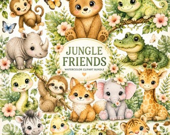 Pacchetto di clipart ad acquerello a tema giungla e safari, cuccioli di animali in formato PNG, grafica per la cameretta dei bambini (download digitale)